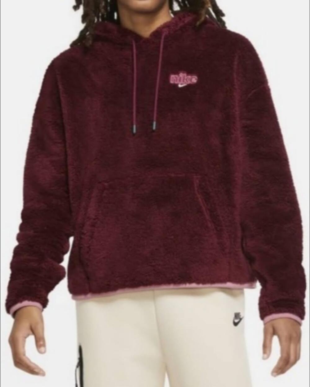 Nike Womens Burgundy Sherpa Plush Pullover Fleece Hoodie Size XS